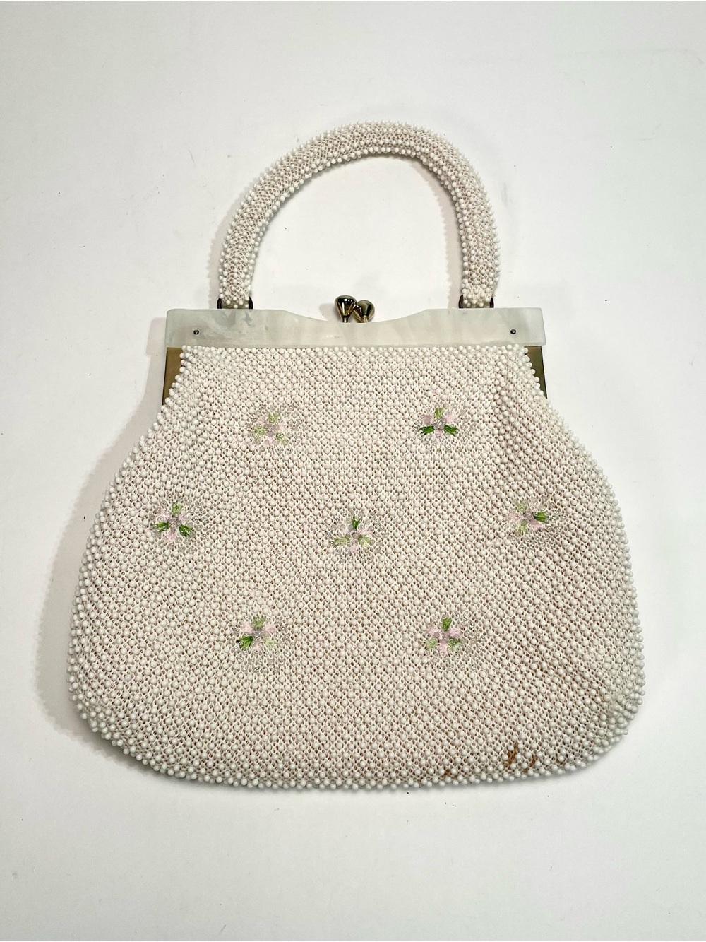 Vintage 50s 60s Beaded Handbag White Floral Embroidered, Lucite Frame Hong Kong